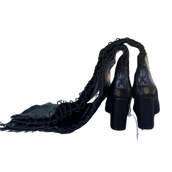 KURT Geiger Pointed Toe Knee High Lace-Up Black Leather High Block Heeled Boots - Picture 7 of 16